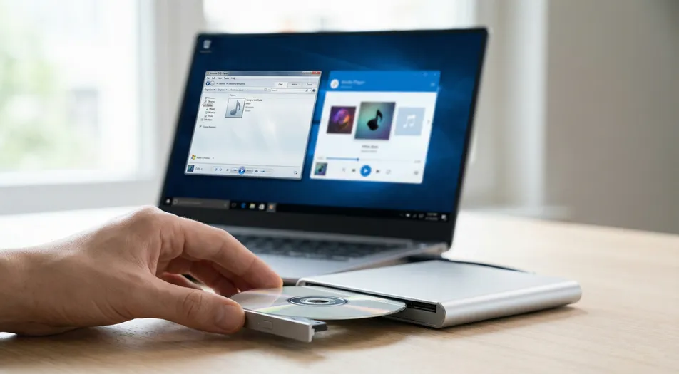 Windows laptop with an external DVD drive while choosing a player app